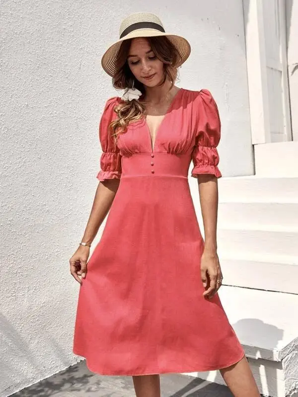 Women Ruffle Cuff Button Front Dress