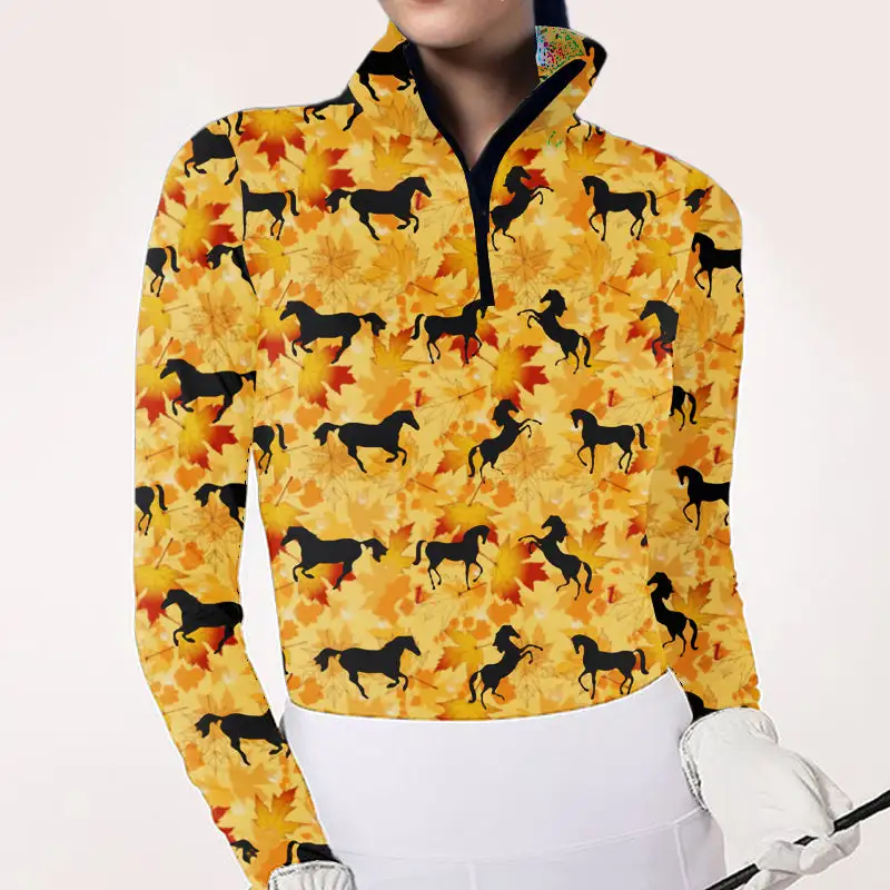 Spring, Summer, Autumn and Winter Women's Equestrian Style Maple Leaf Horse Print Long Sleeve Casual Shirt