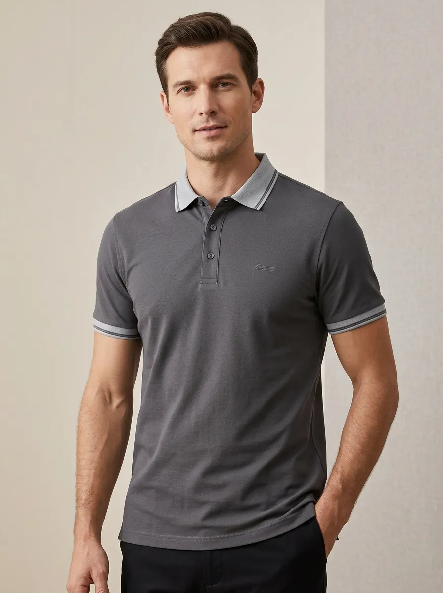 Men's Minimalist Geometric Logo Embroidered Contrast Trim Polo Shirt