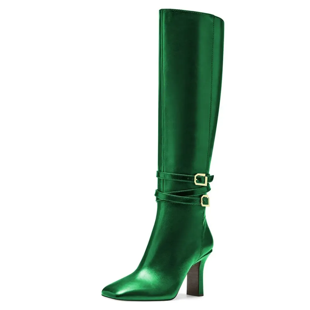 Buckle-Detail Zip-Up Square-Toe Pointed-Toe Knee-High Boots