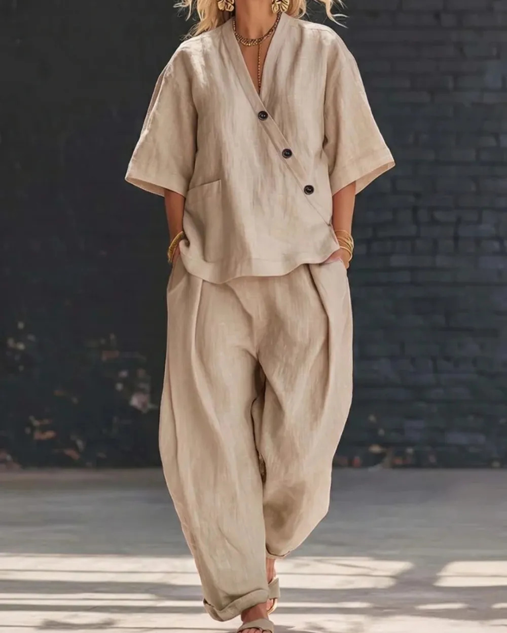 Casual Cotton and Linen V-Neck Top and Wide Leg Set