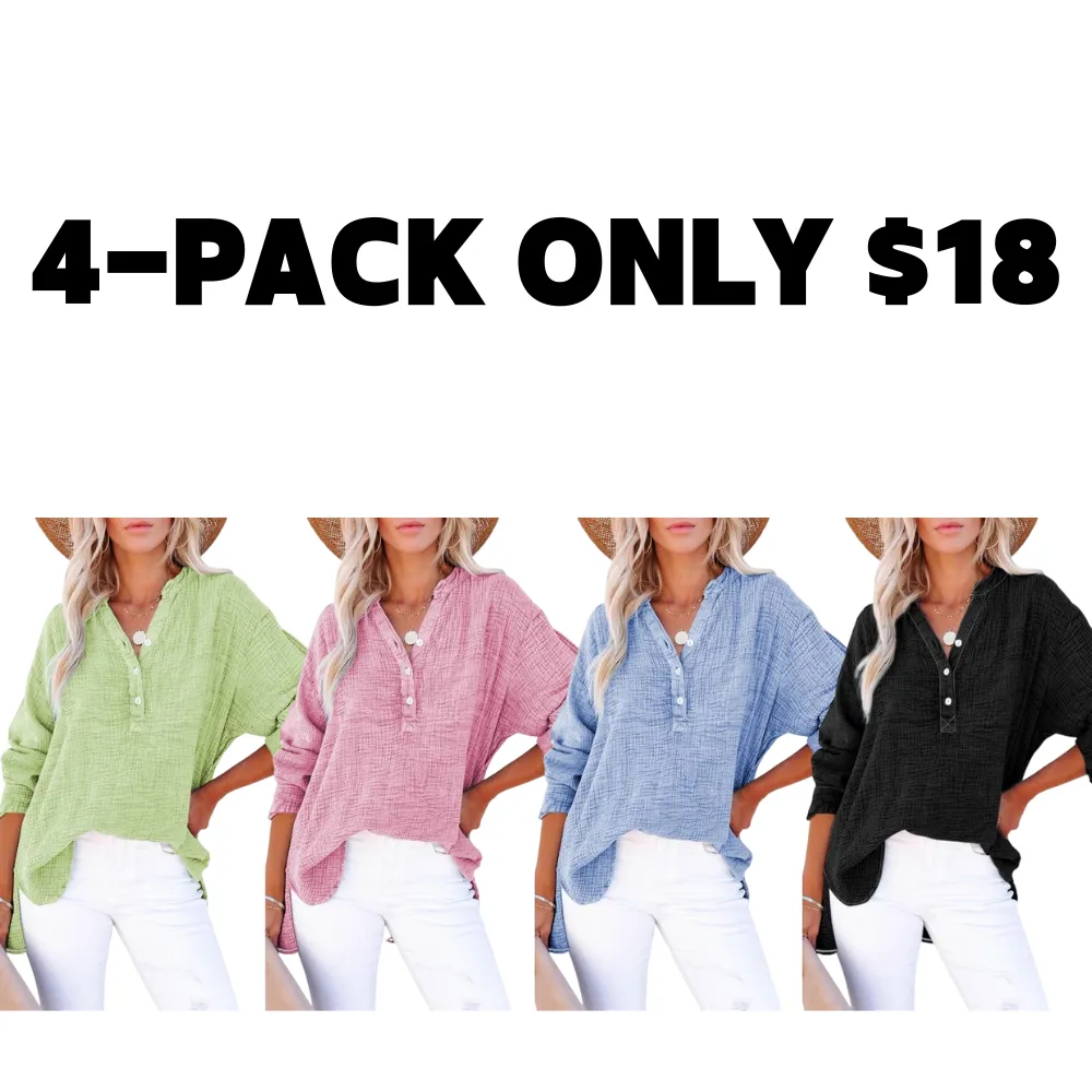 Women's Casual Button V Neck Long Sleeve Shirts Oversized Solid Blouses Tops 100% Cotton