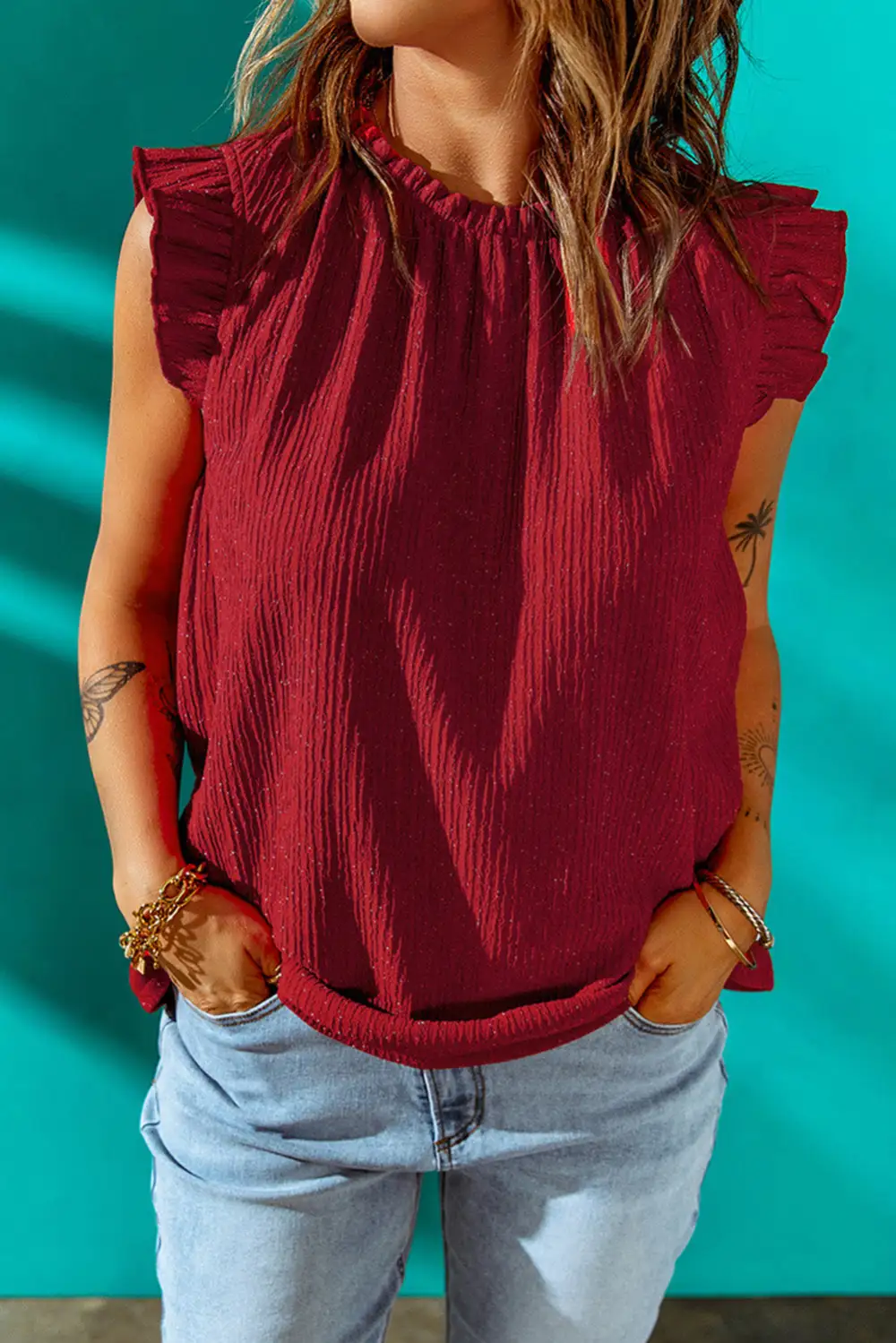 Everyday Flutter Sleeve Ruffle Trim Blouse