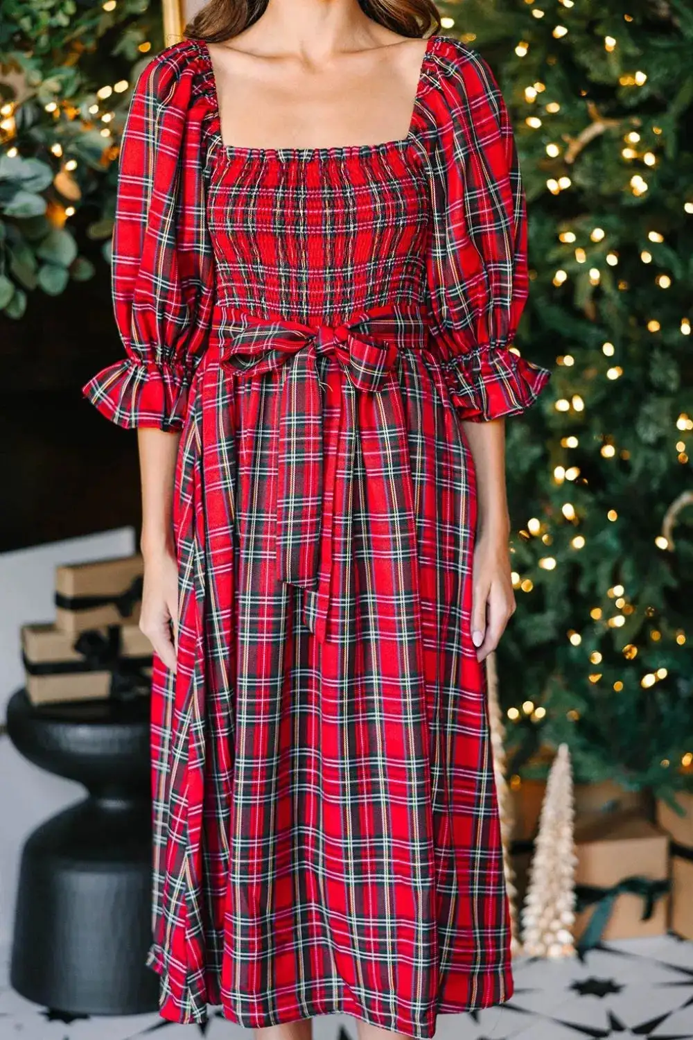 Plaid Smocked Midi Dress