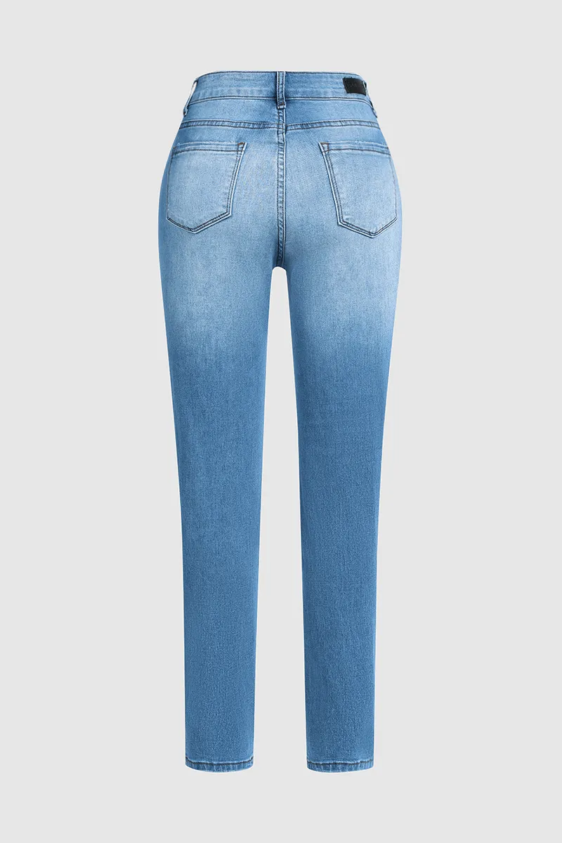 Ripped Button Fly Mid Waist Skinny Jeans