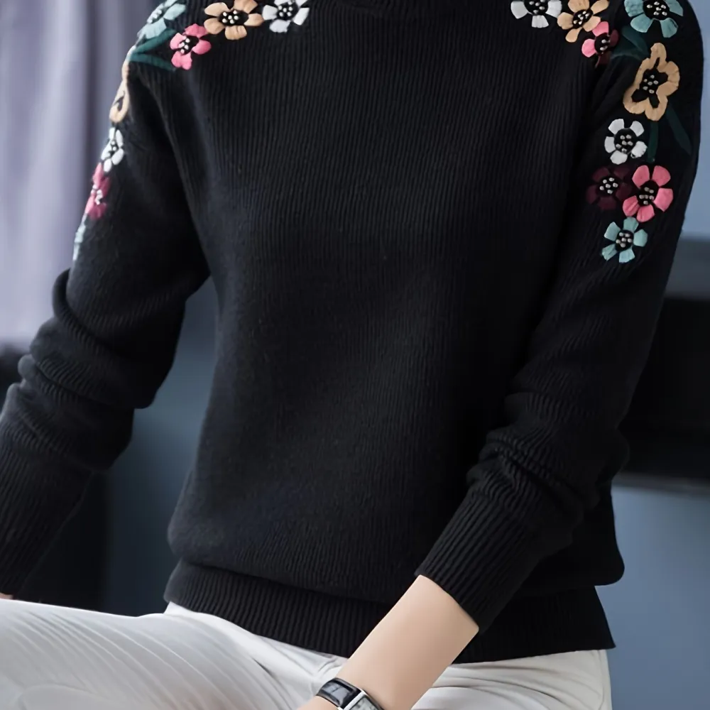 Floral Pattern Mock Neck Knit Sweater Casual