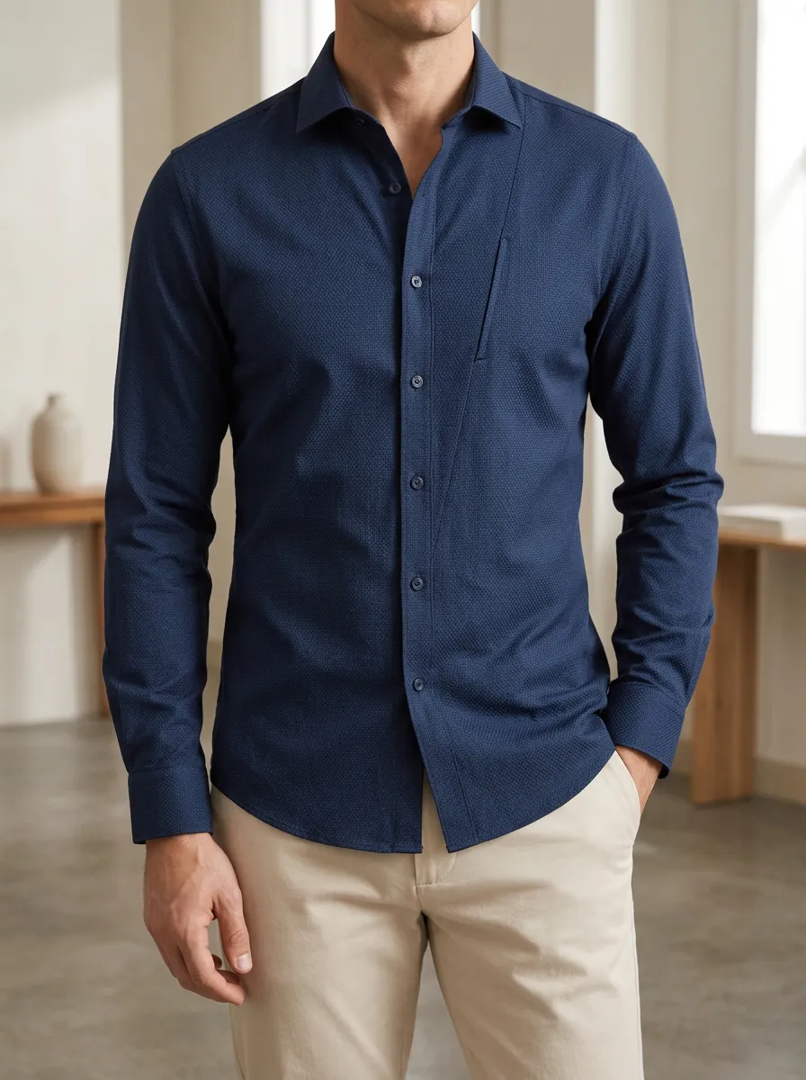 Men's Navy Blue Geometric Pattern Slim Fit Printed Shirt
