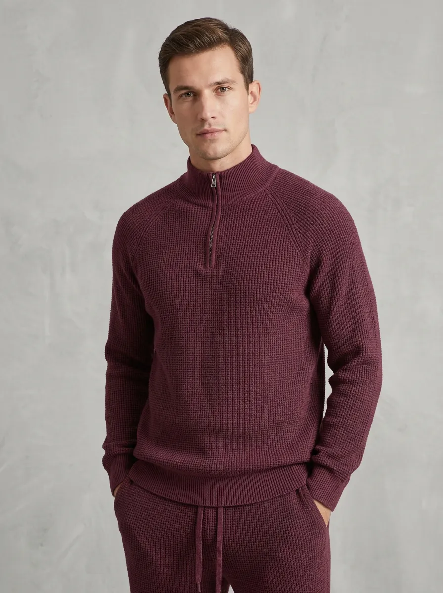 Waffle-Knit Quarter-Zip Men's Quarter-Zip Knit Tracksuit Set