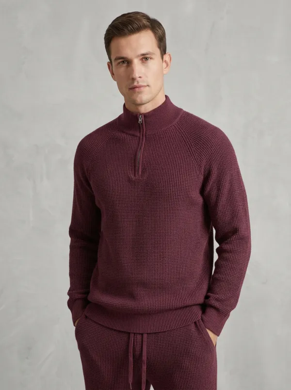 Waffle-Knit Quarter-Zip Men's Quarter-Zip Knit Tracksuit Set