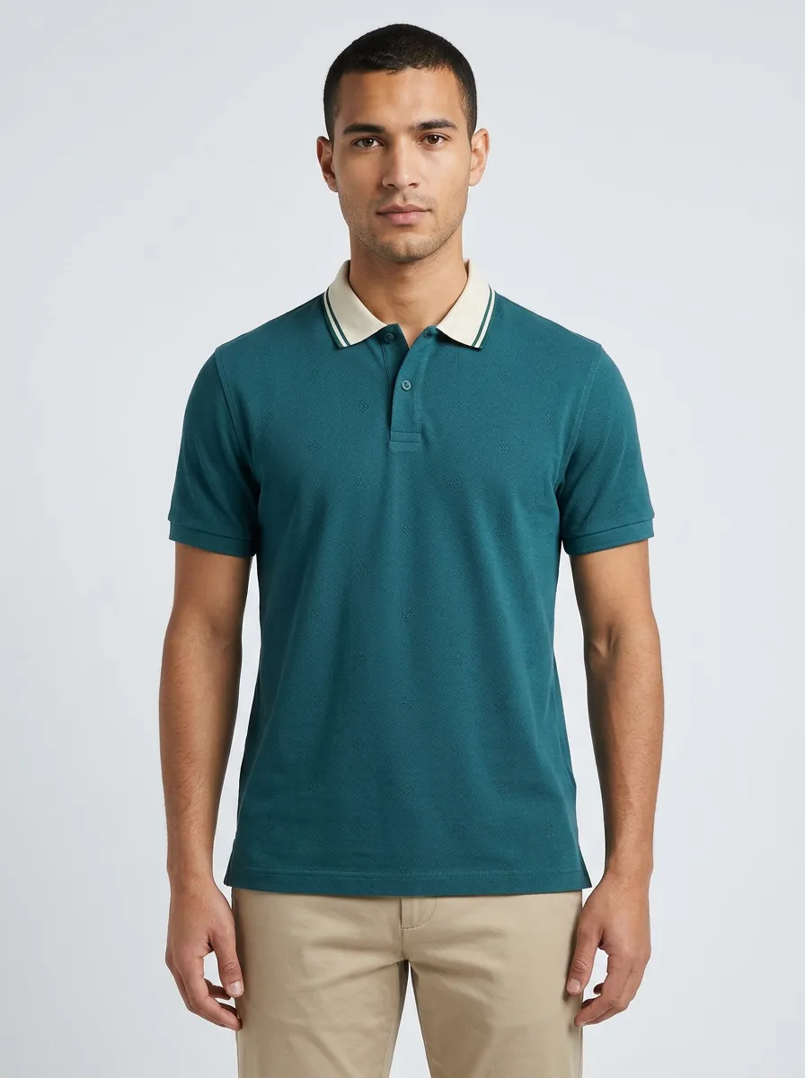 Men's Teal Geometric Pattern Contrast Collar Printed Polo Shirt