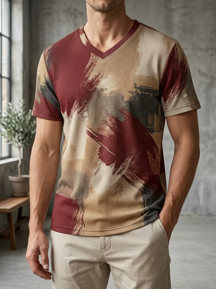 Men's Artful Abstract Brushstroke Waffle Knit V-Neck T-Shirt