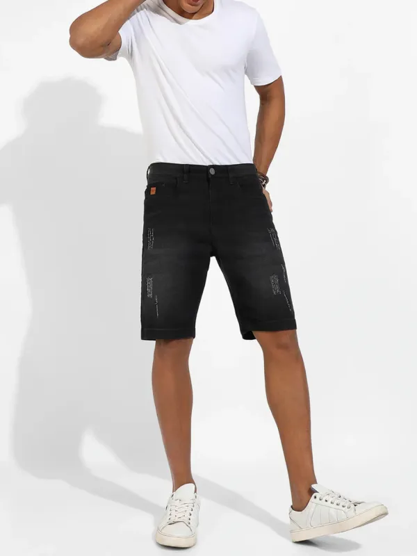 Black Casual Style Distresse Denim Shorts