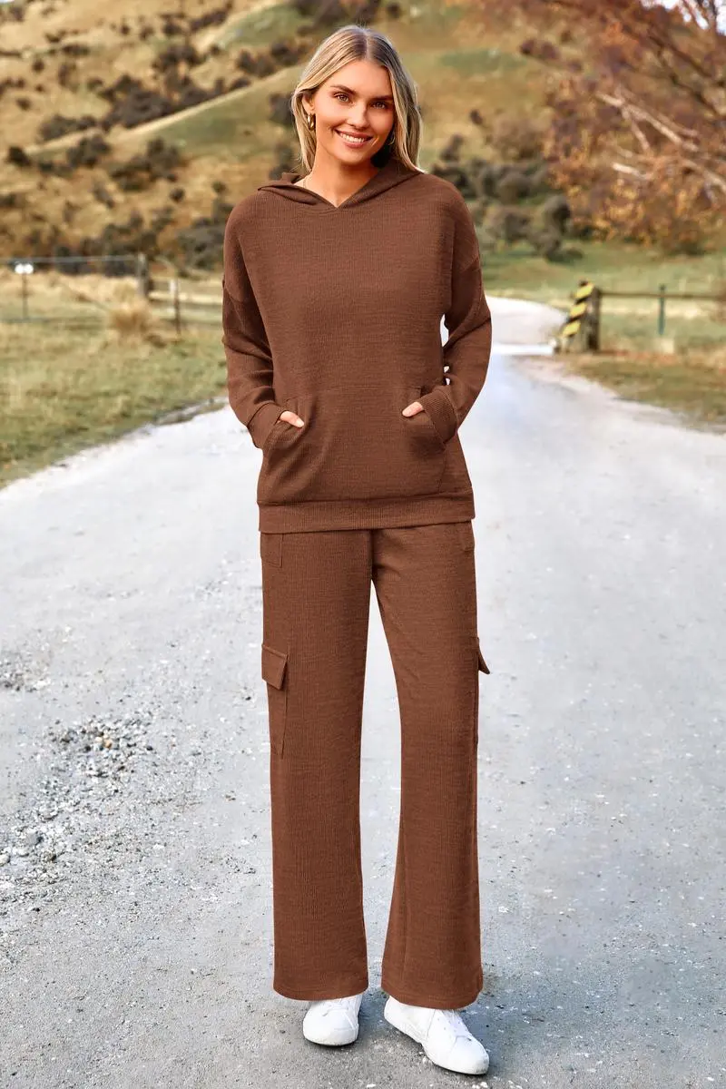 Women's 2-Piece Knitted Sets Hoodie & Wide Leg Pants with Pockets Drawstring