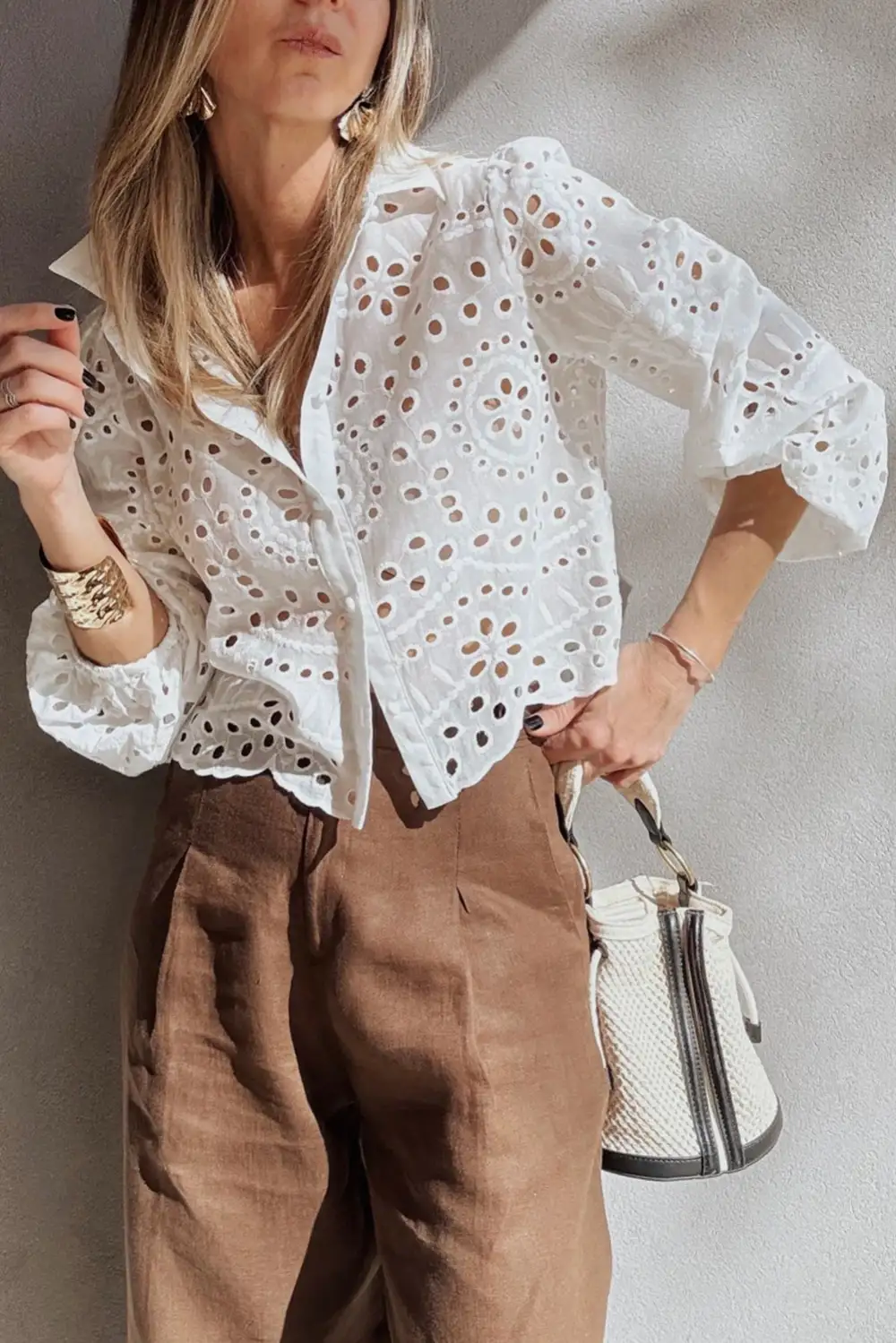 Embroidered Puff Sleeve Casual Shirt
