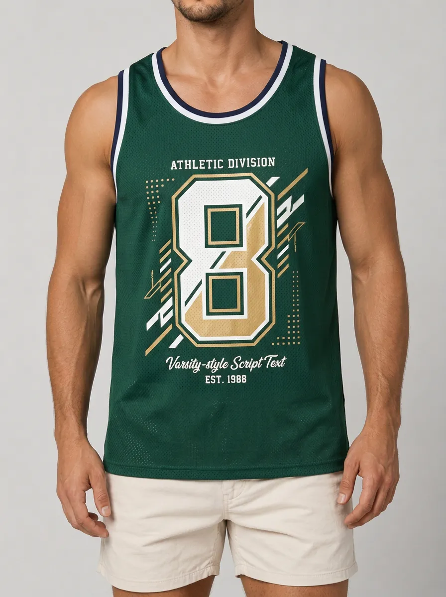Men's Athletic Sports Number 8 Varsity Printed Mesh Tank Top