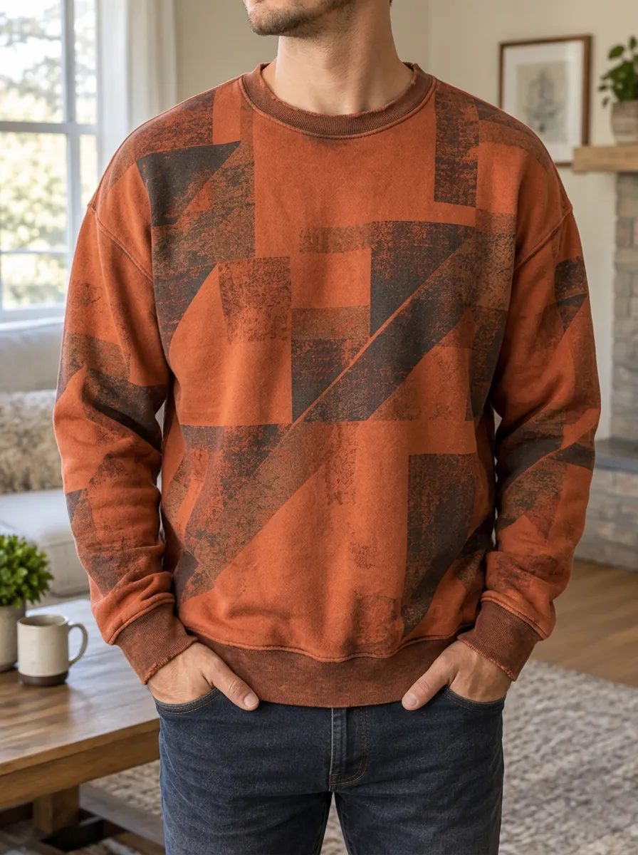 Men's Rust Geometric Print Crewneck Sweatshirt Geometric