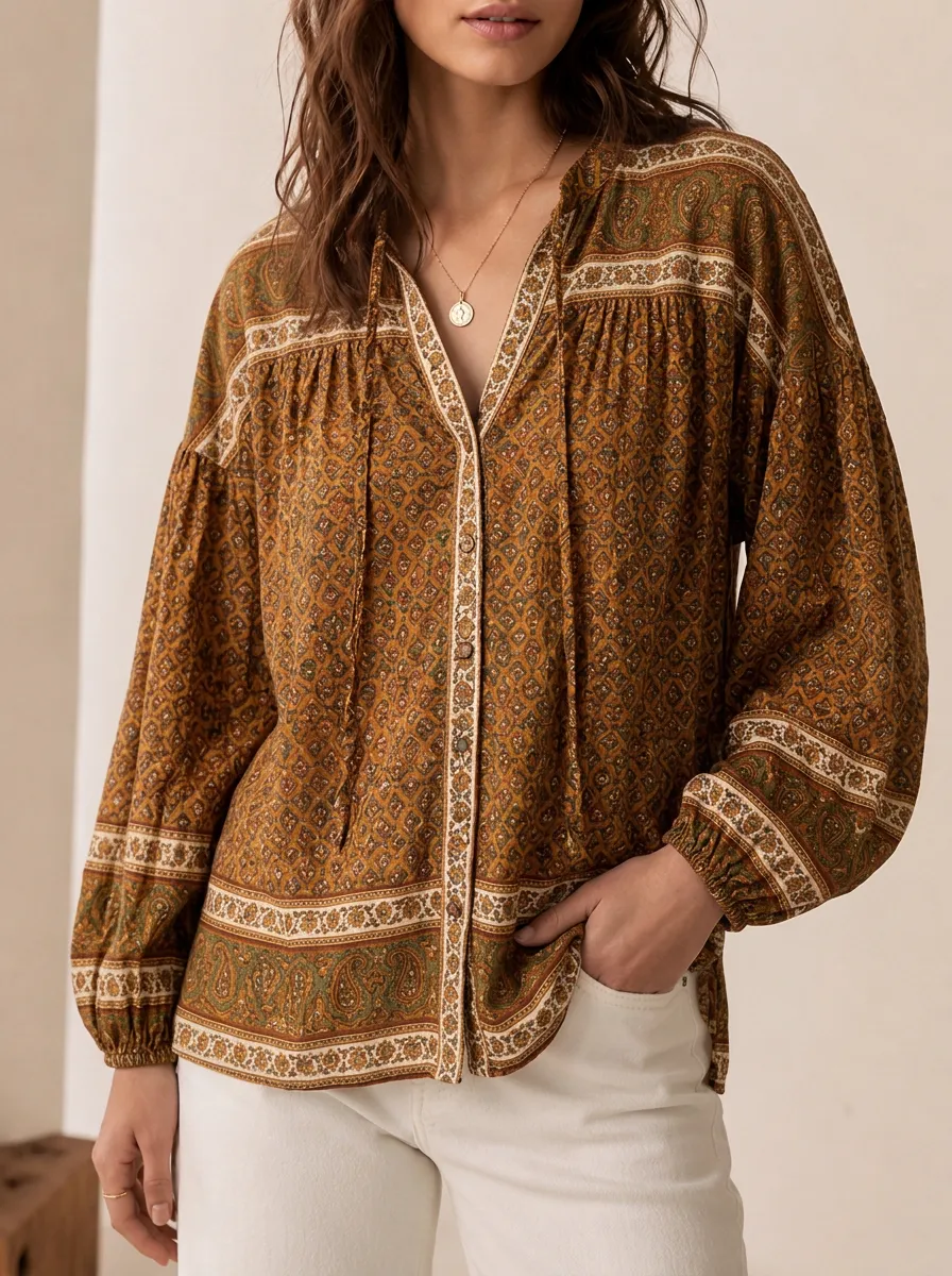 Women's Paisley Split Neck Gathered Yoke Blouse