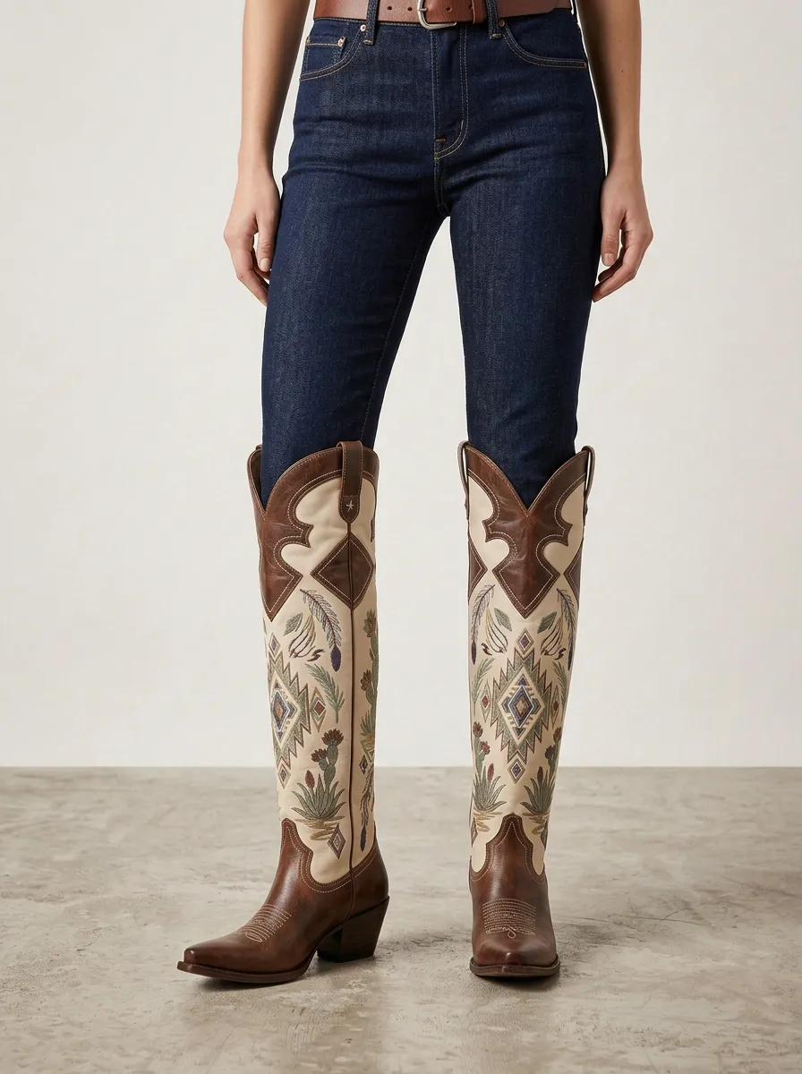 Women's Western Cactus Geometric Star Embroidered Pointed-Toe Block-Heel Denim Over-the-Knee Boots