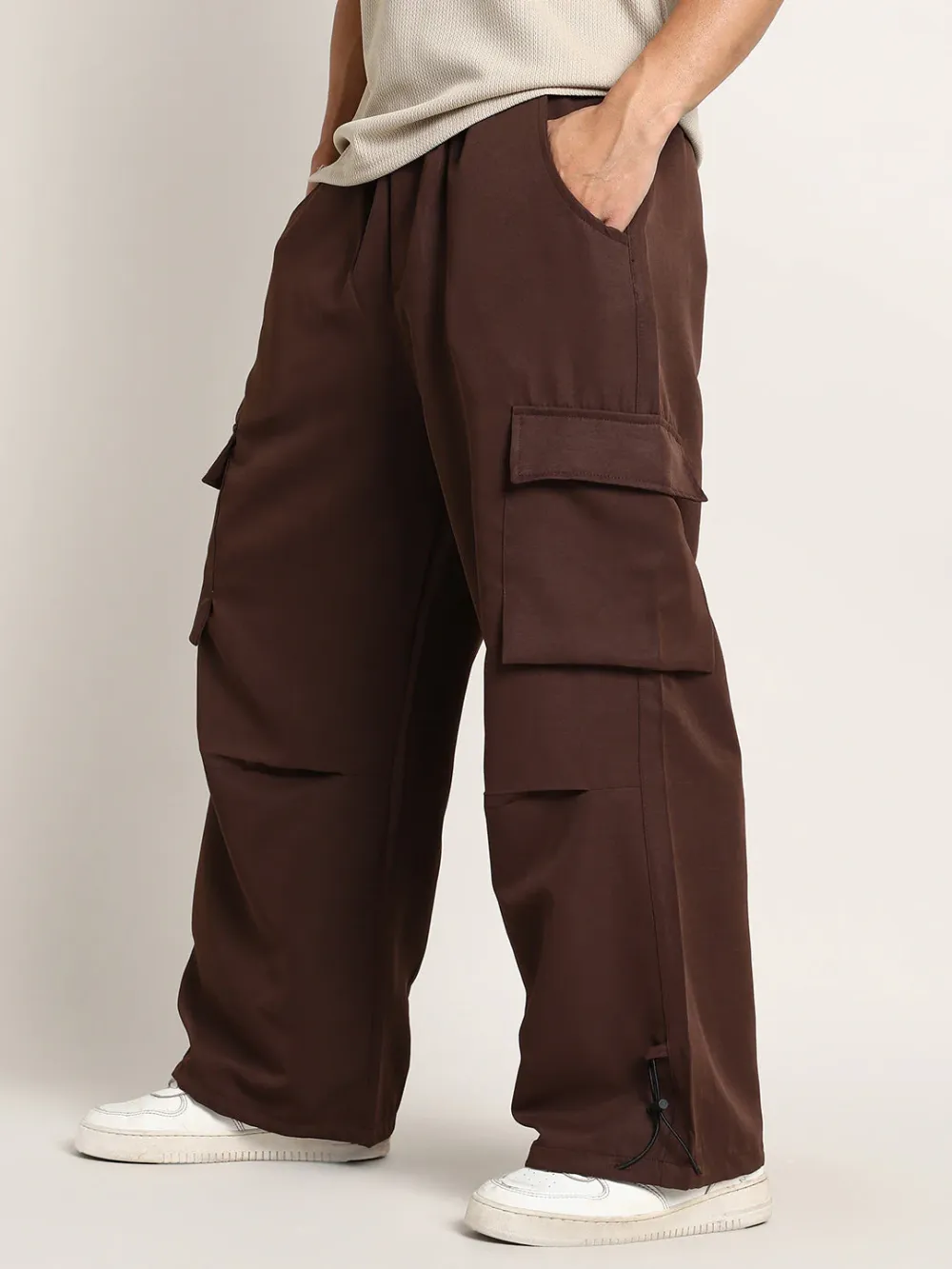 Brown Mid-Waist Relaxed Cargo Trousers