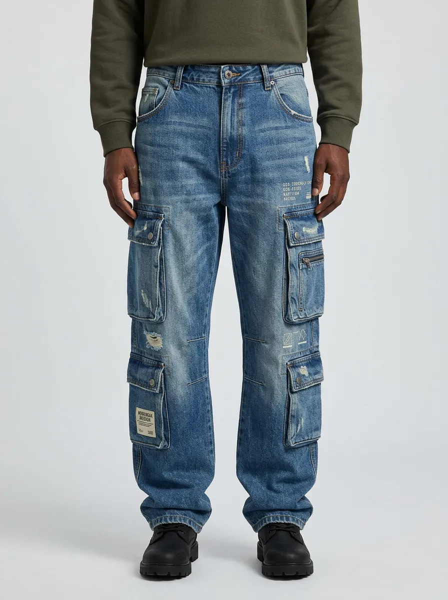 Men's Streetwear Distressed Graphic Printed Cargo Jeans