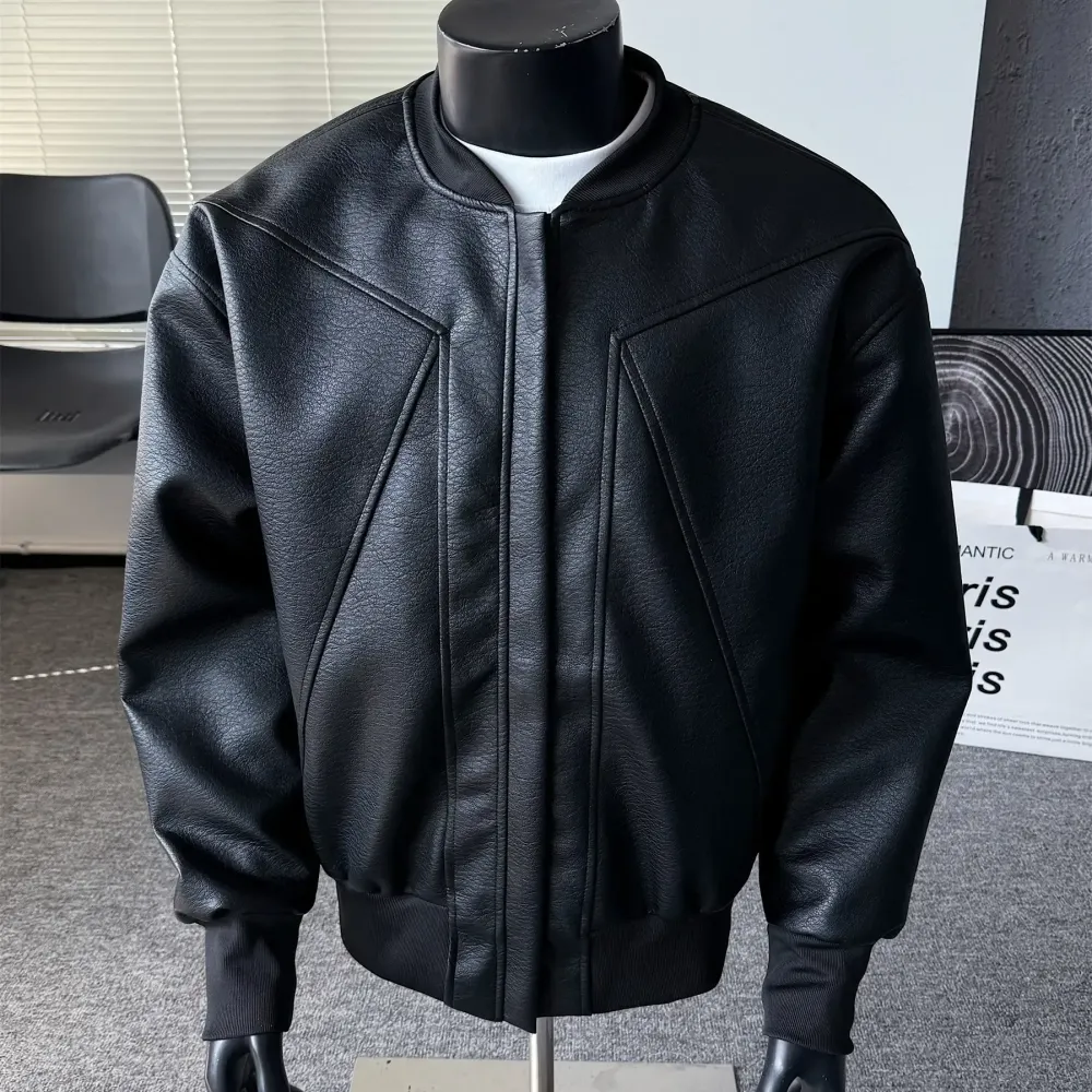 Men's solid color sporty windproof leather jacket