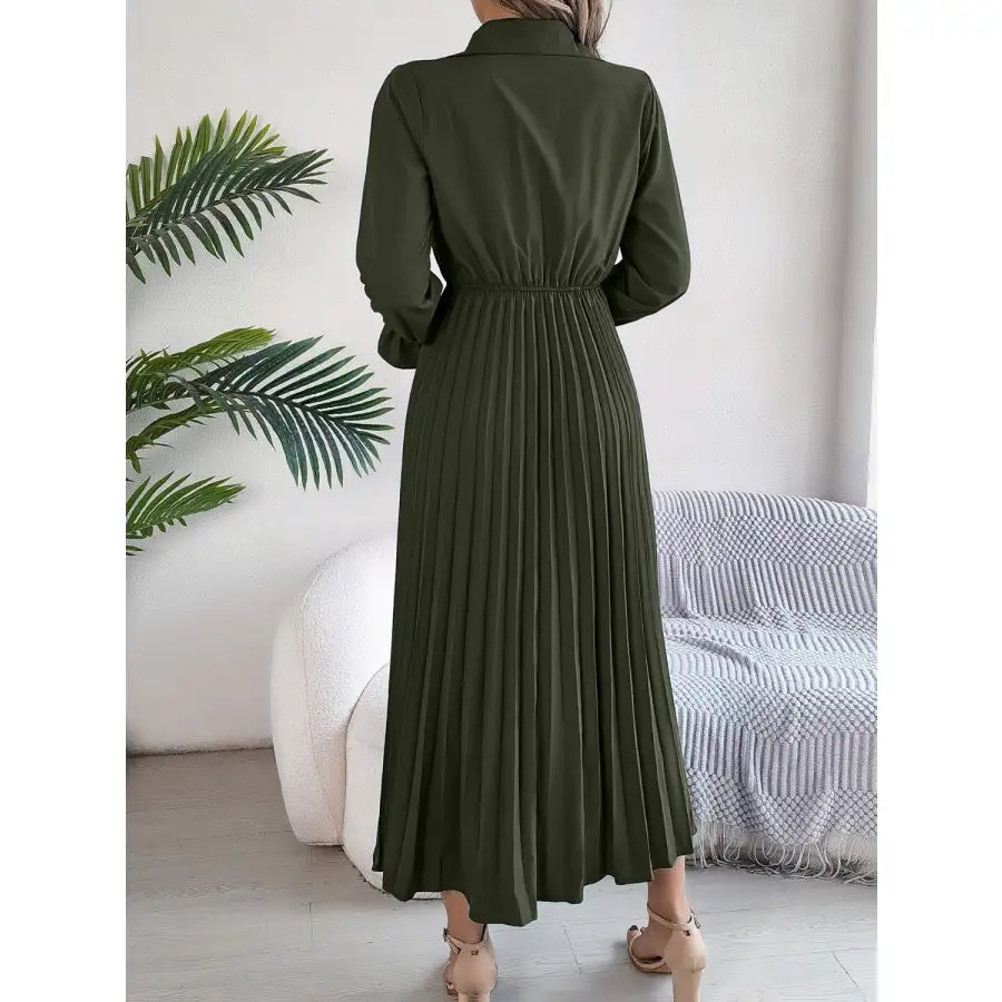 Pleated Half Button Long Sleeve Midi Dress