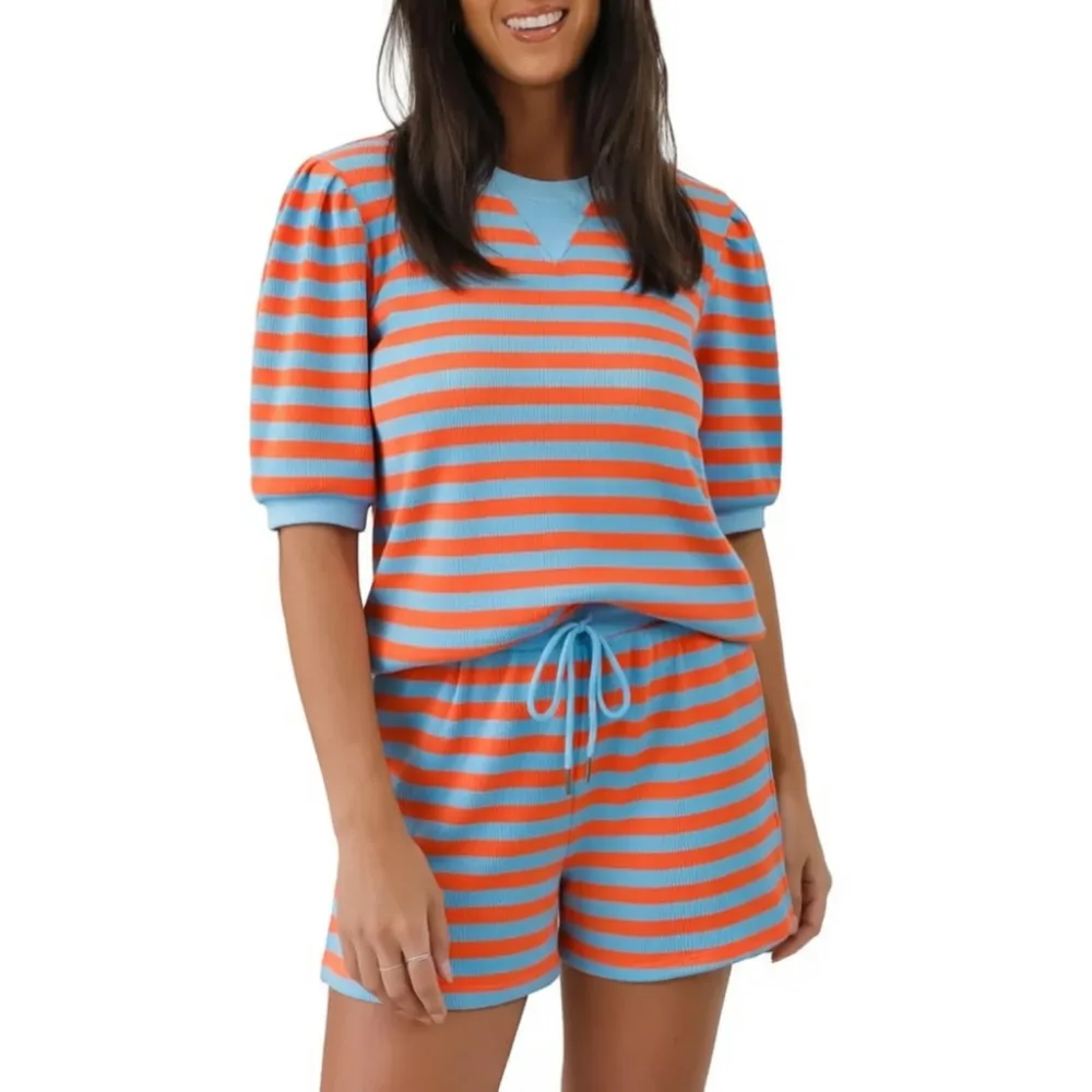 Women's Striped Puff Sleeve Short Sleeve 2‑Piece Set