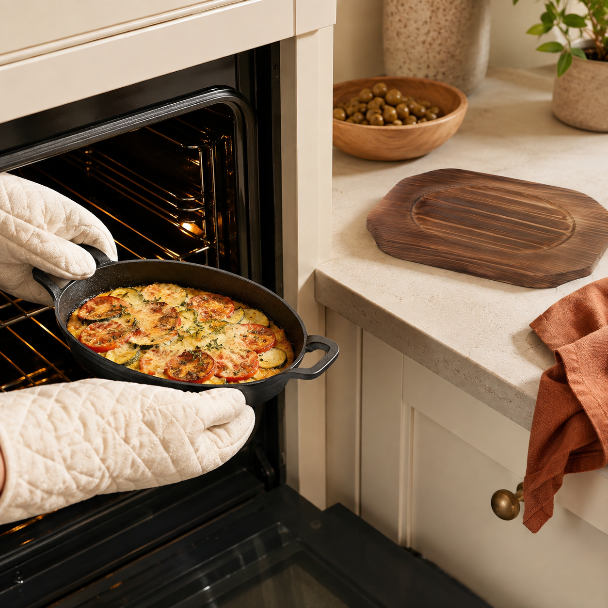 Cast iron pan being removed from an oven while the wood serving tray remains on the counter