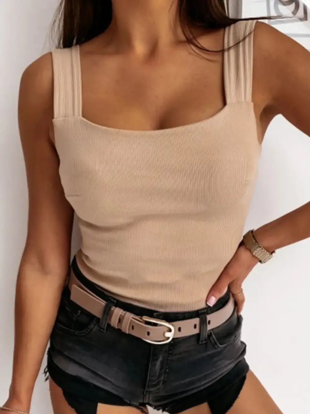 Square Neck Wide Strap Tank Polyester Blend