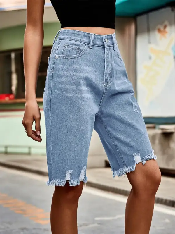 Minimal Raw Hem Denim Shorts