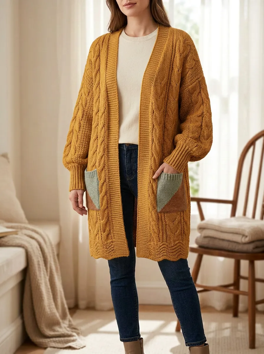 Women's Cable Knit Colorblock Pocket Long Cardigan