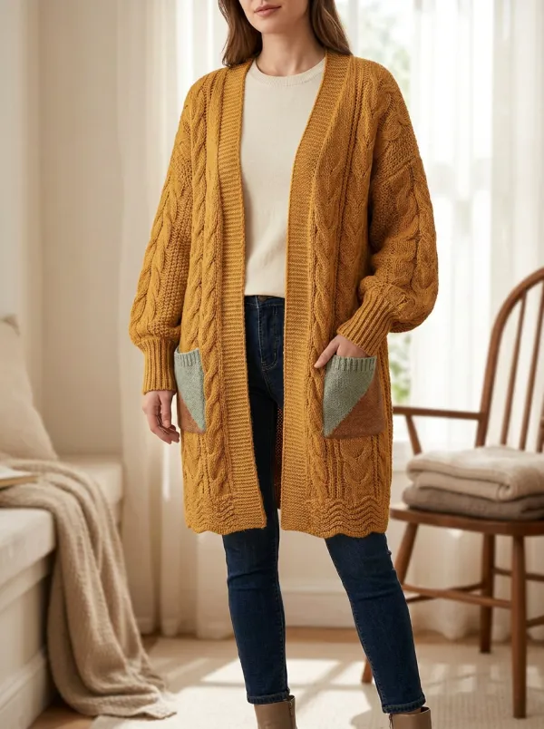 Women's Cable Knit Colorblock Pocket Long Cardigan