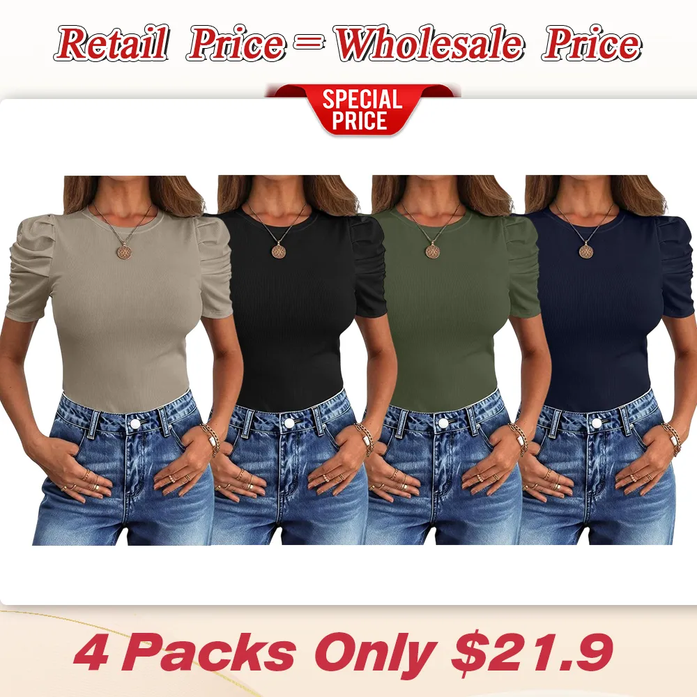 Women Puff Short Sleeve Crewneck Dressy Casual Tops