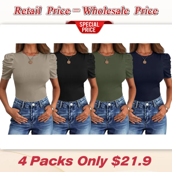 Women Puff Short Sleeve Crewneck Dressy Casual Tops