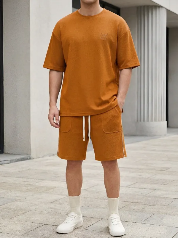 Classic Waffle Texture Embroidered Detail Edit Men's T-Shirt And Shorts Set