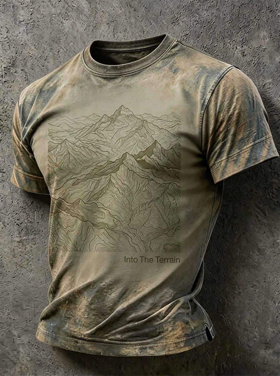 Men's Outdoor Hiking Mountain Topographic Printed T-shirt
