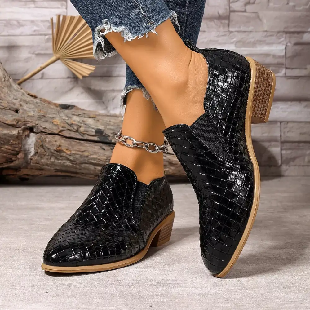 Textured Point Toe Block Heels Ankle Boots