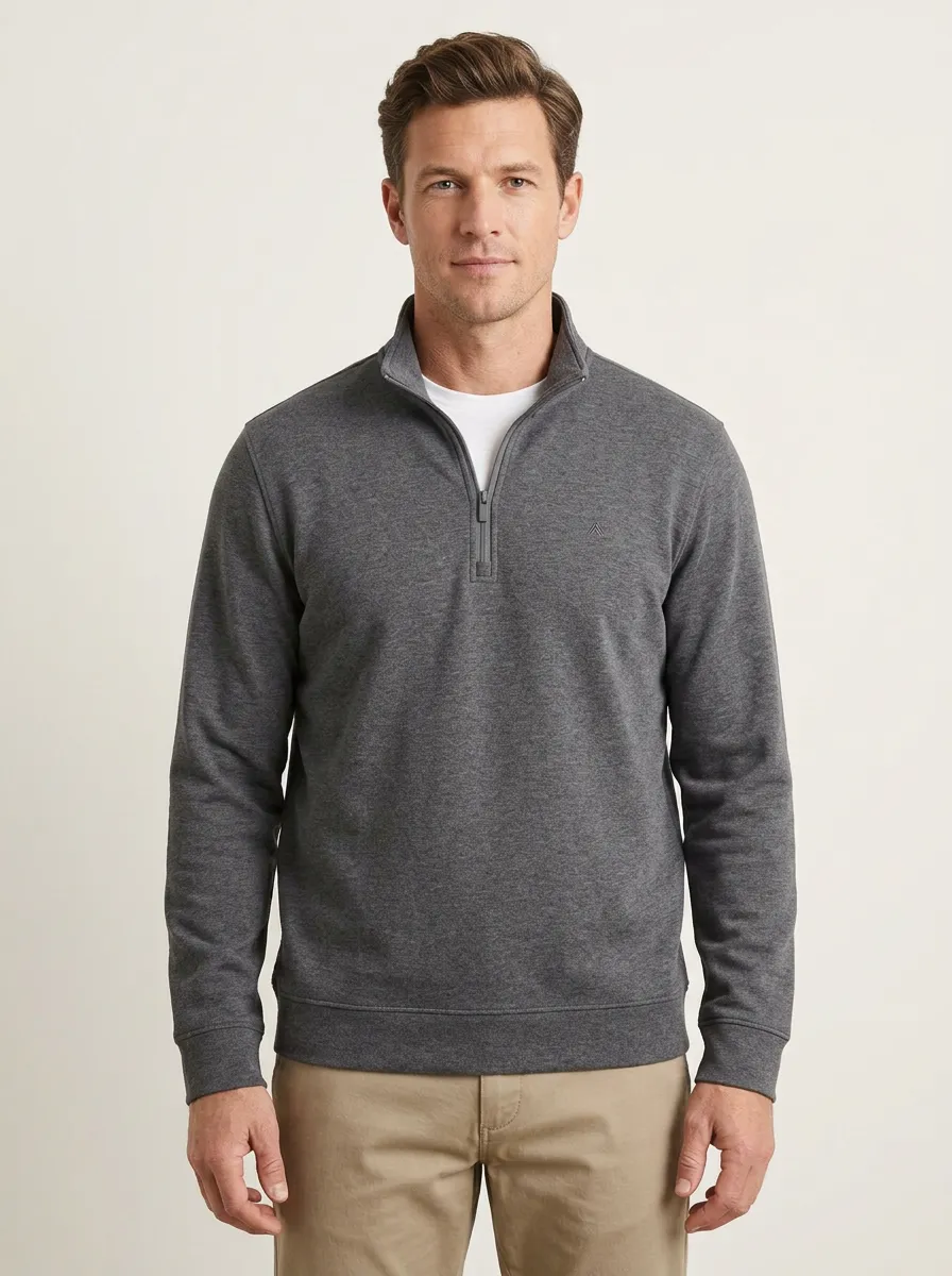 Men's Classic Minimalist Textured Embroidered Emblem Quarter-Zip Sweatshirt