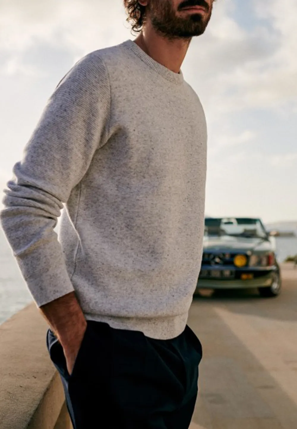 Heather Grey Textured Knit Crew Neck Sweater