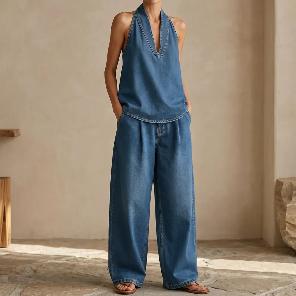 Washed Denim Two Piece Set