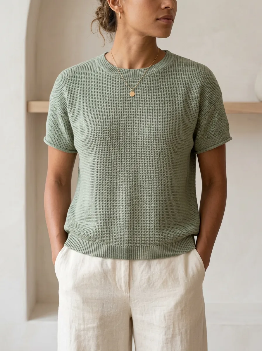 Women's Minimalist Crew-Neck Waffle Knit T-Shirt