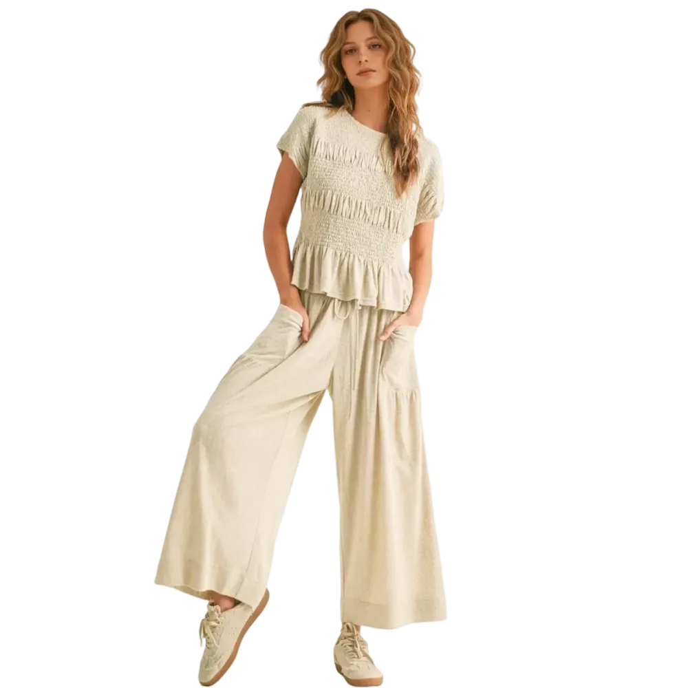 Women's Boho Chic Pleated Top & Wide-Leg Set