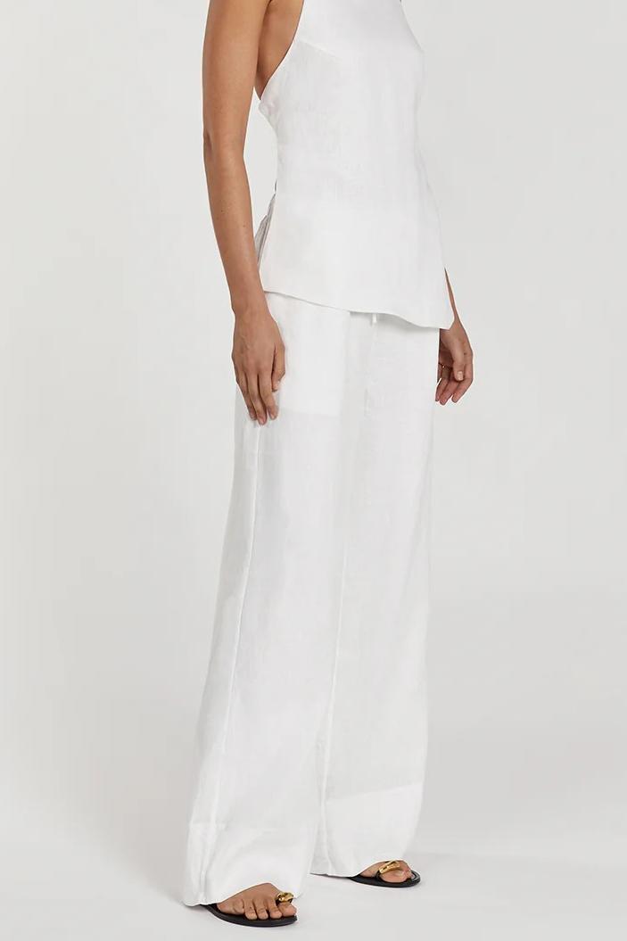 WHITE LINEN ELASTIC WAIST PANT