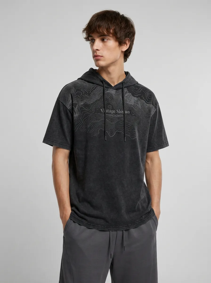 Men's Outdoor Topographic Slogan Print Washed Short Sleeve Hoodie