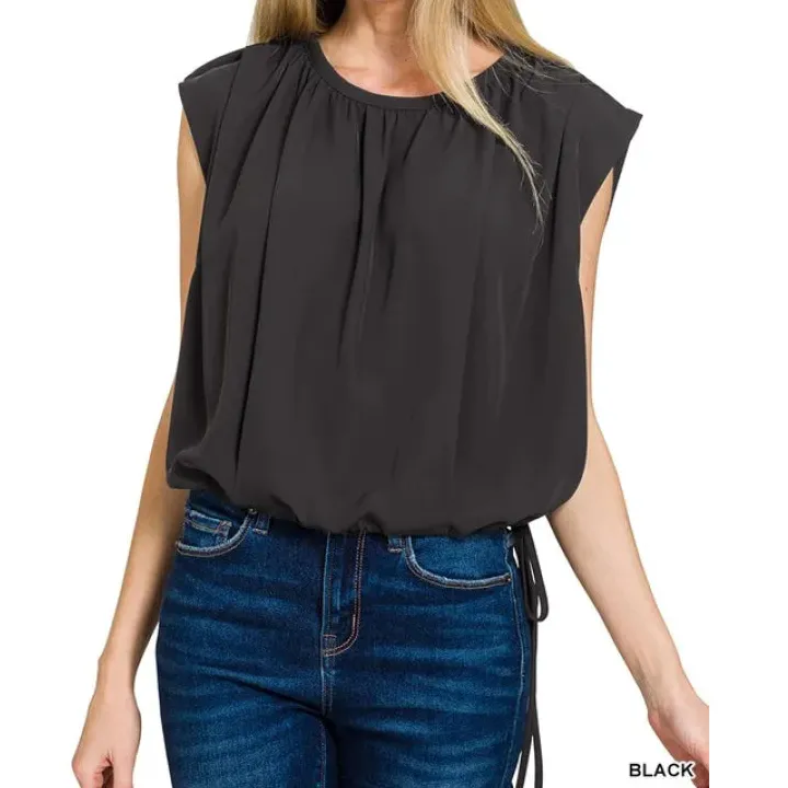 Woven Drawstring Tie Side Sleeveless Top