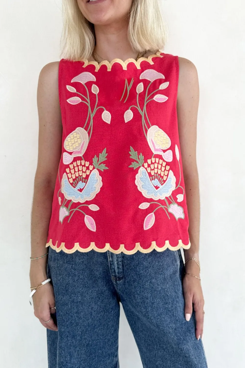 Structured Floral Embroidered Sleeveless Top