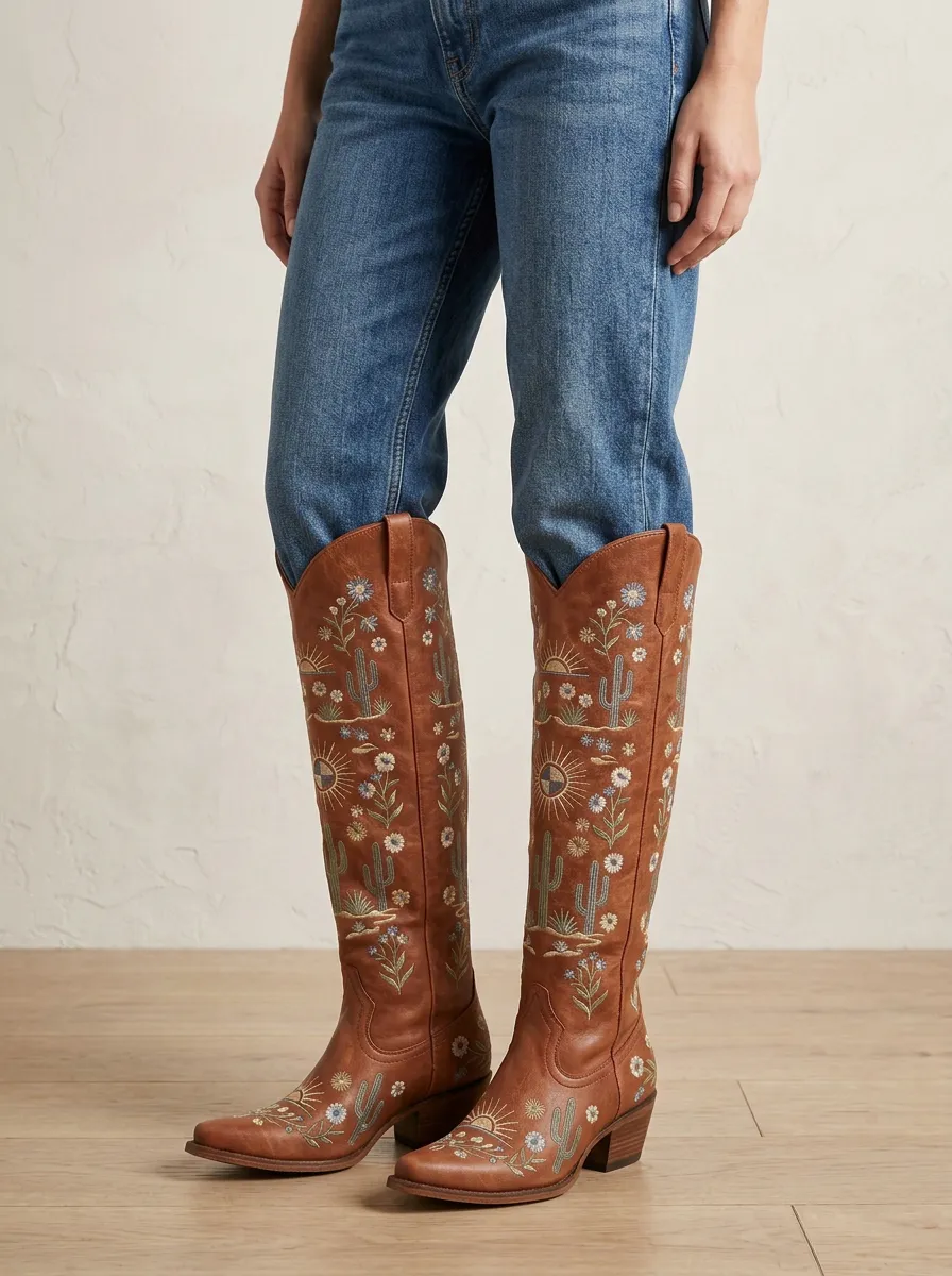 Women's Cactus Floral Sun Embroidered Pointed-Toe Block-Heel Western Denim Over-the-Knee Boots