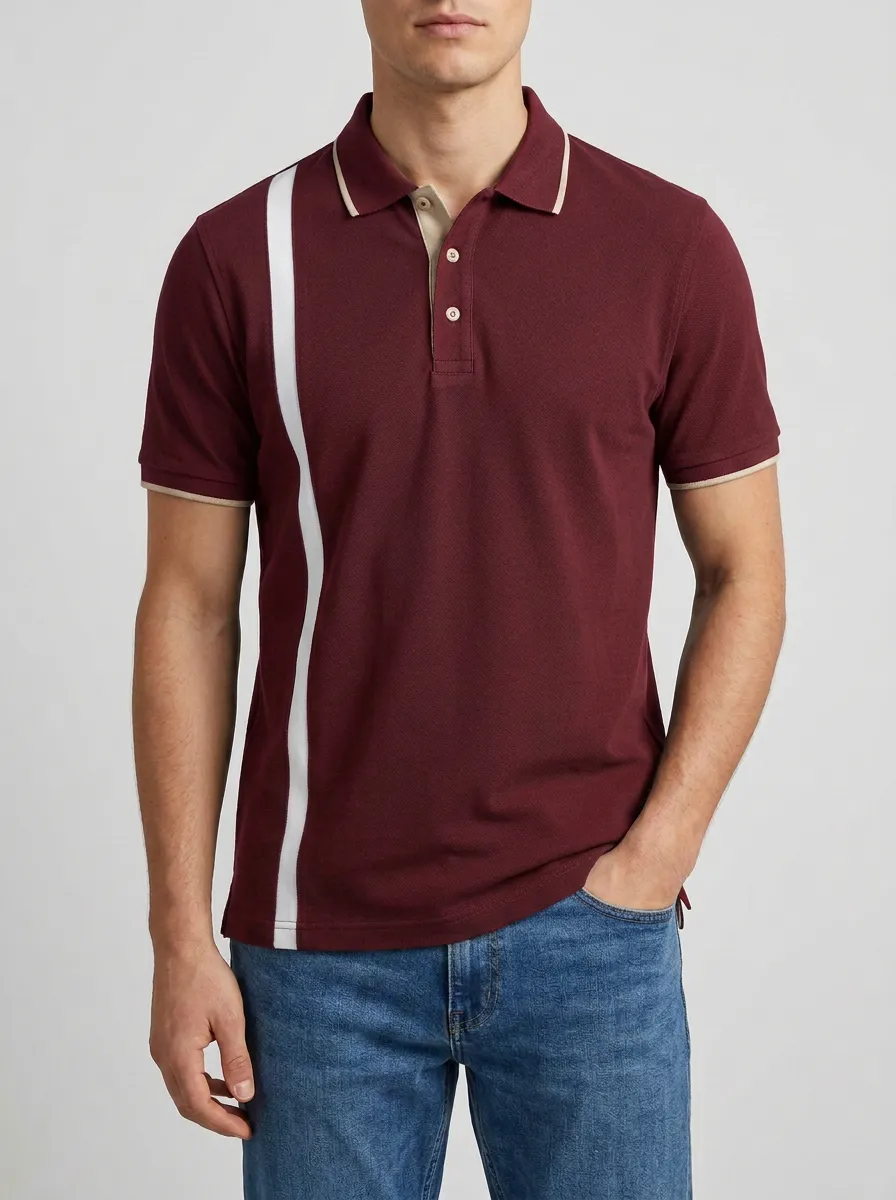 Men's Knit Ribbed Textured Vertical-Stripe Colorblock Contrast-Trim Running Graphic Polo Shirt