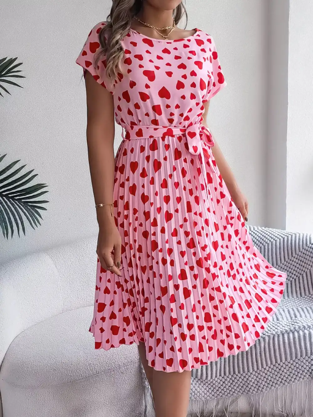 Printed Tie Waist Pleated Midi Dress