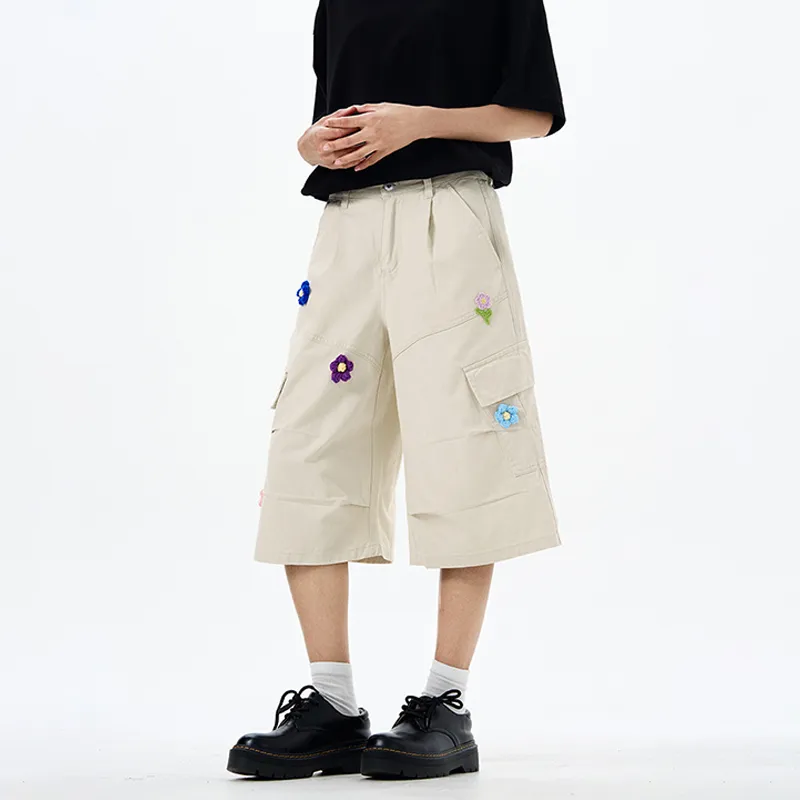 Embroidered Floral Multi Pocket Cargo Shorts